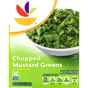 1 10 Oz Frozen Package Yields Cooked Mustard Greens (from Frozen, Fat Added in Cooking)