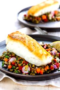 1/2 Fillet Atlantic and Pacific Halibut (Fish) (Cooked, Dry Heat)