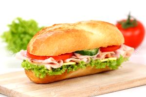 1 Oz Ham and Cheese Submarine Sandwich with Lettuce, Tomato and Spread on Multigrain Roll