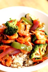 1 Oz Shrimp and Vegetables in Soy-Based Sauce (Including Carrots, Broccoli, and/or Dark-Green Leafy, No Potatoes, Mixture)