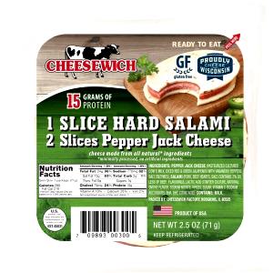 1 package (71 g) 1 Slice Hard Salami 2 Slices Pepper Jack Cheese