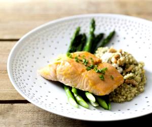 1 Portion Salmon Fillets With Orange Glaze, Buckwheat Risotto And Steamed Asparagus