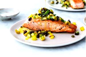 1 Serving Salmon With Currant And Pine Nut Salsa - Special Request Less Oil With Vegetables