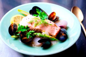 1 Serving Seafood Trio, Salmon, Court Bouillon