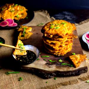 1 serving Shrimp-Scallion Pancakes with Kimchi & Cheddar