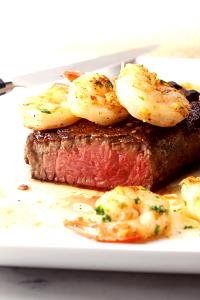 2 servings (163 g) 7 oz Filet Mignon with Shrimp Skewer